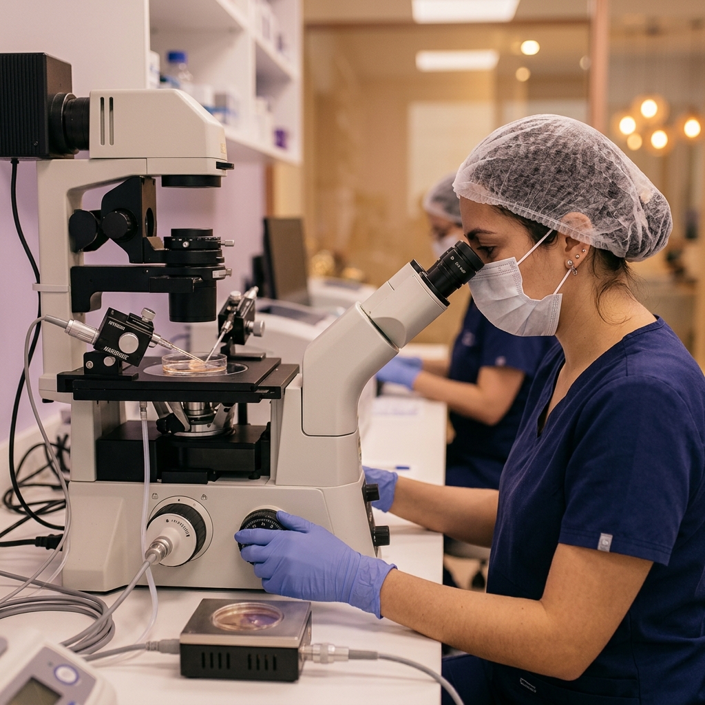 ICSI microinjection procedure under high-powered microscope