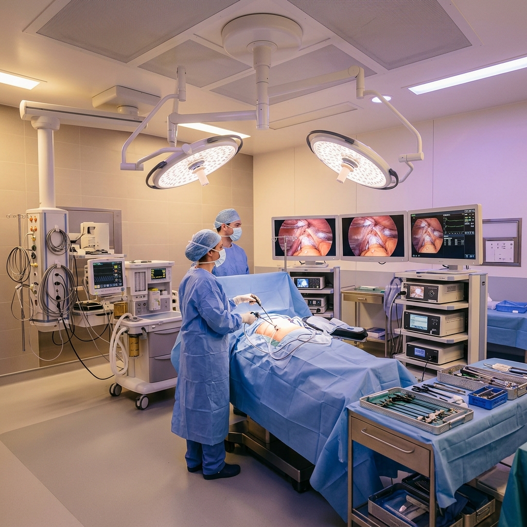 Modern operating theatre with laparoscopic surgical equipment